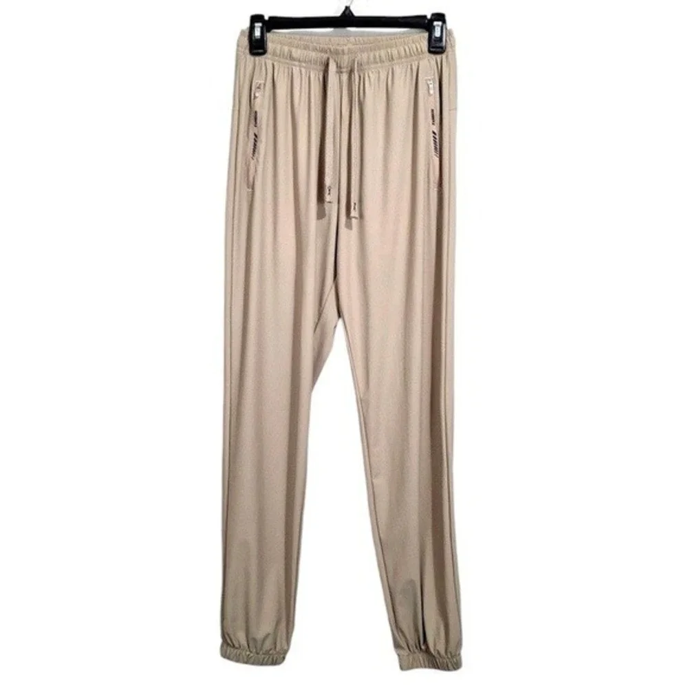 Fashion Womens‎ Joggers Active Pants Medium Beige Zip Pockets Stretch Unbranded